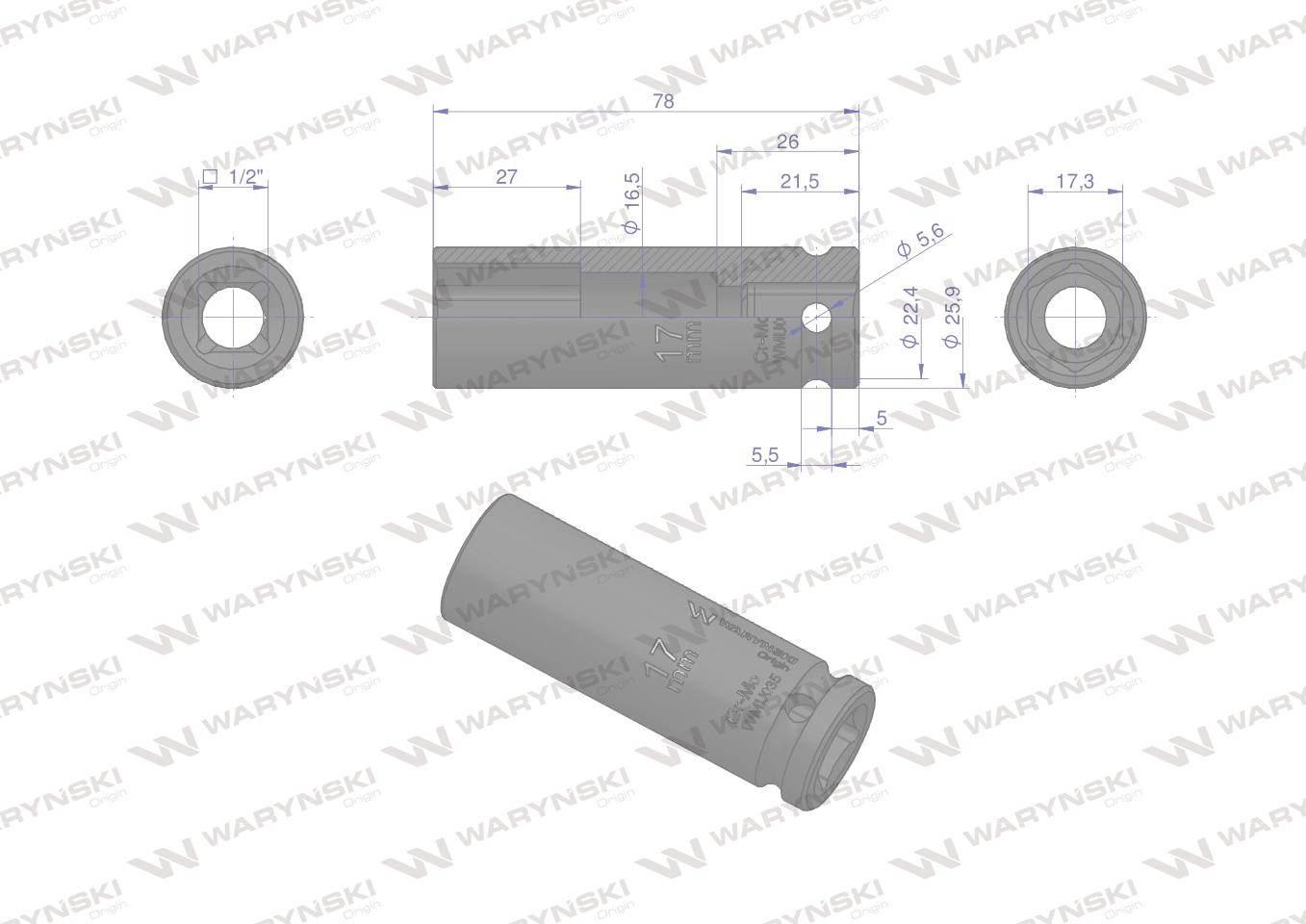 Nasadka udarowa sześciokątna długa 1/2". 17 mm. CrMo. DIN 3129. Waryński - zdjęcie 3