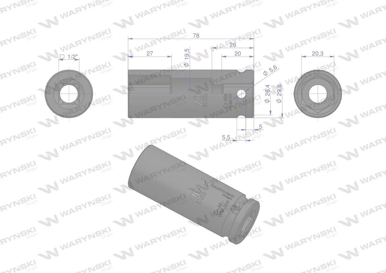 Nasadka udarowa sześciokątna długa 1/2". 20 mm. CrMo. DIN 3129. Waryński - zdjęcie 3