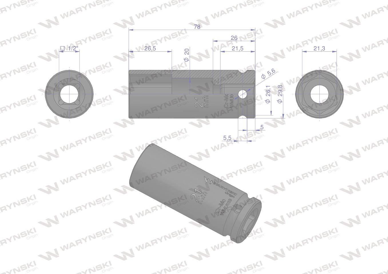 Nasadka udarowa sześciokątna długa 1/2". 21 mm. CrMo. DIN 3129. Waryński - zdjęcie 3