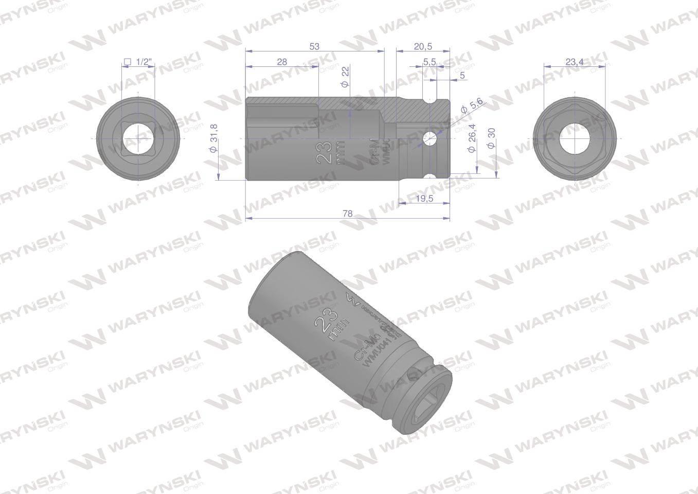 Nasadka udarowa sześciokątna długa 1/2". 23 mm. CrMo. DIN 3129. Waryński - zdjęcie 3