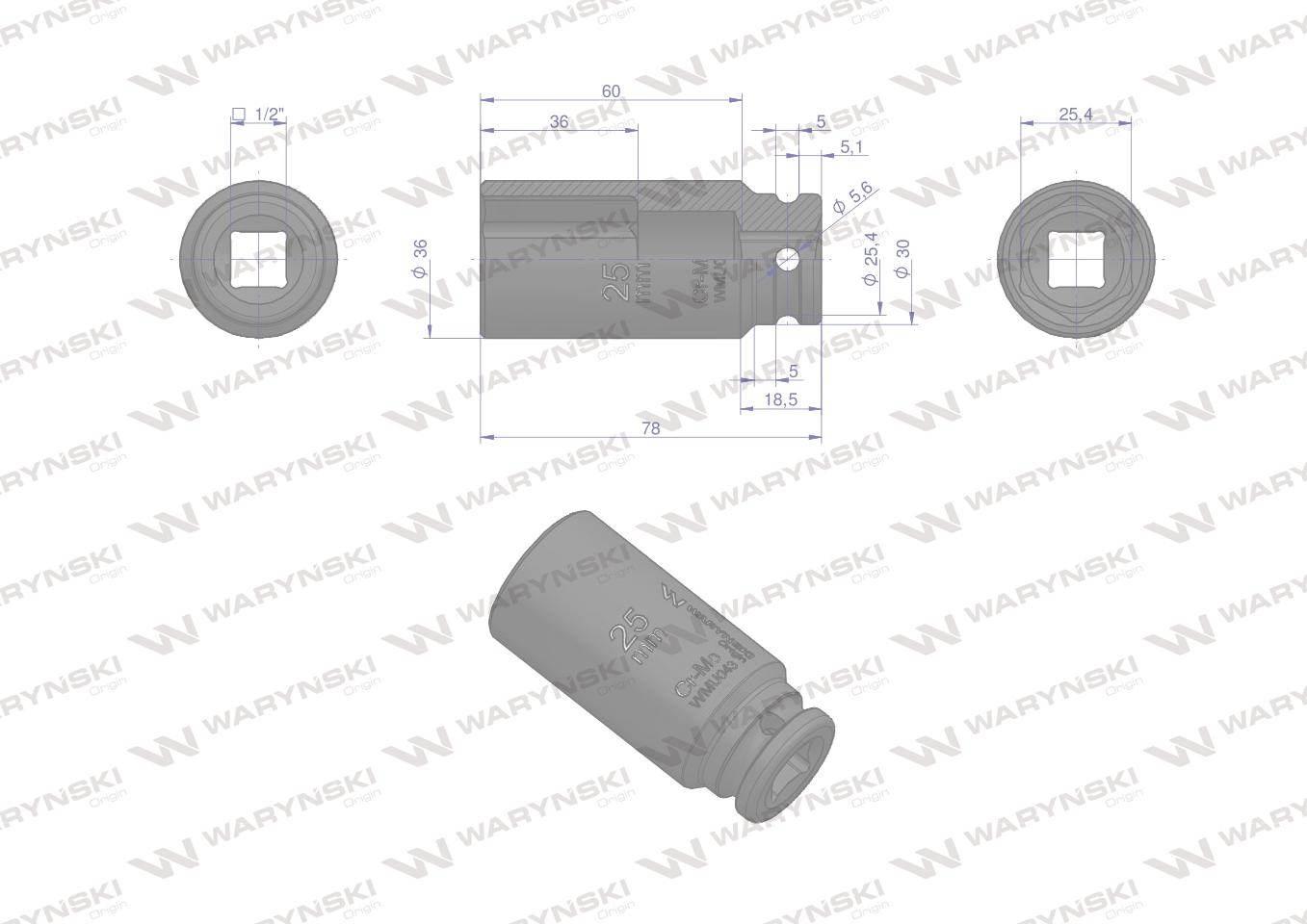 Nasadka udarowa sześciokątna długa 1/2" 25 mm. CrMo. DIN 3129. Waryński - zdjęcie 3