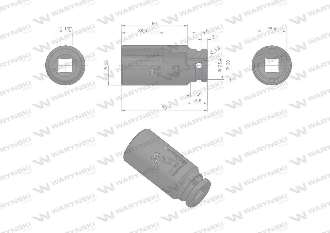 Nasadka udarowa sześciokątna długa 1/2". 26 mm. CrMo. DIN 3129. Waryński - zdjęcie 3