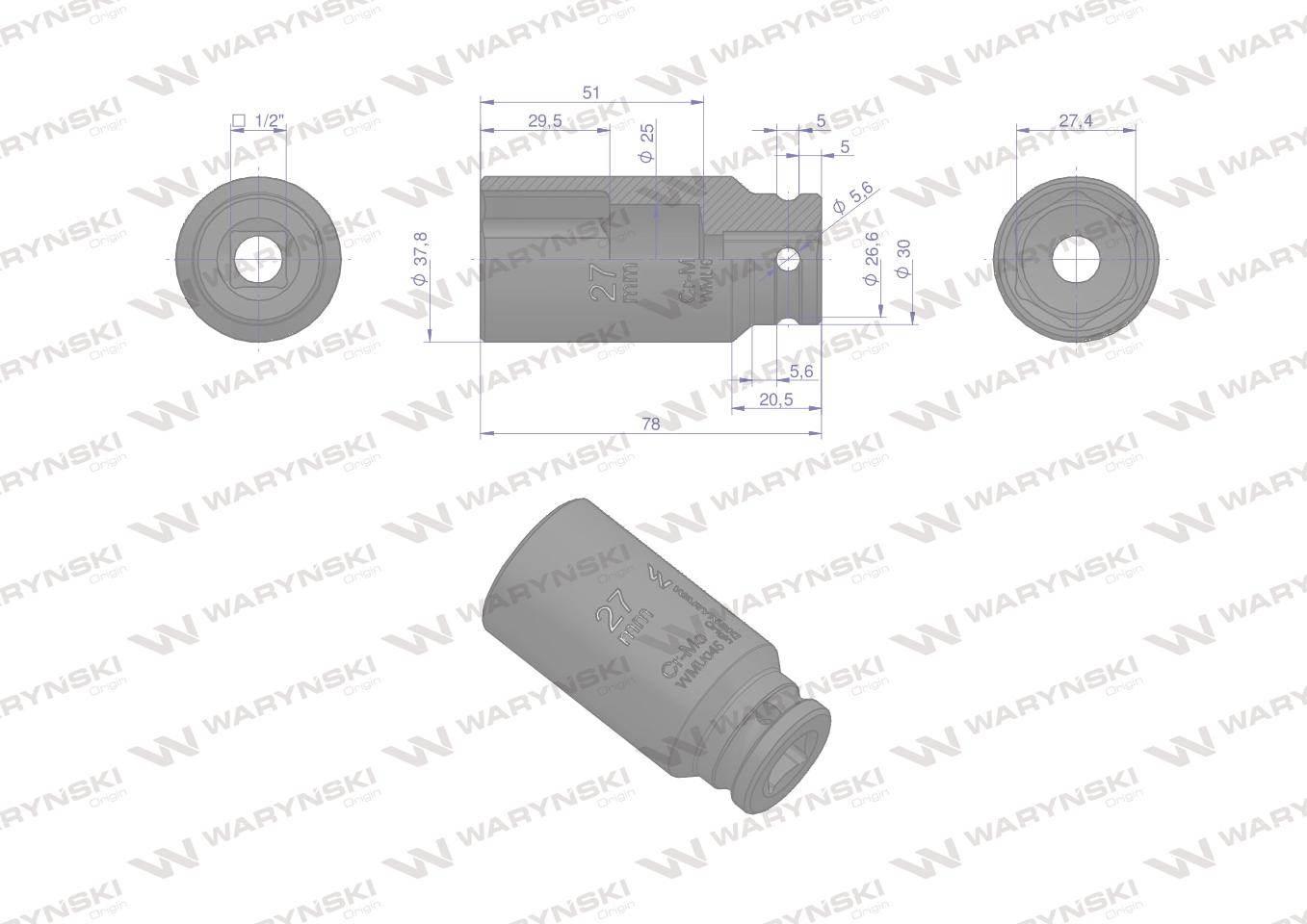 Nasadka udarowa sześciokątna długa 1/2" 27 mm. CrMo. DIN 3129. Waryński - zdjęcie 3