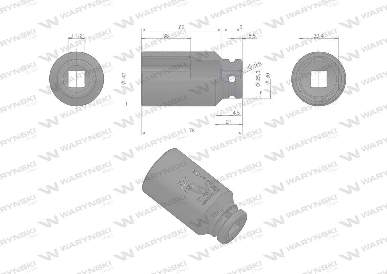 Nasadka udarowa sześciokątna długa 1/2". 30 mm. CrMo. DIN 3129. Waryński - zdjęcie 3