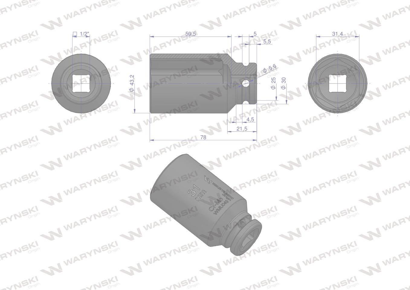 Nasadka udarowa sześciokątna długa 1/2". 31 mm. CrMo. DIN 3129. Waryński - zdjęcie 3
