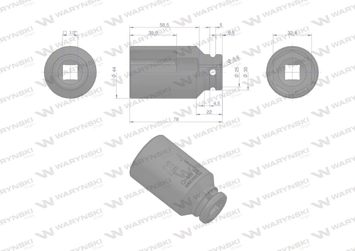 Nasadka udarowa sześciokątna długa 1/2". 32 mm. CrMo. DIN 3129. Waryński - zdjęcie 3