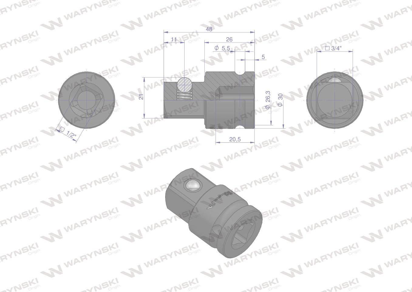 Adapter do nasadek udarowych 1/2" (F) x 3/4" (M). CrMo. Waryński WMU051 - zdjęcie 3