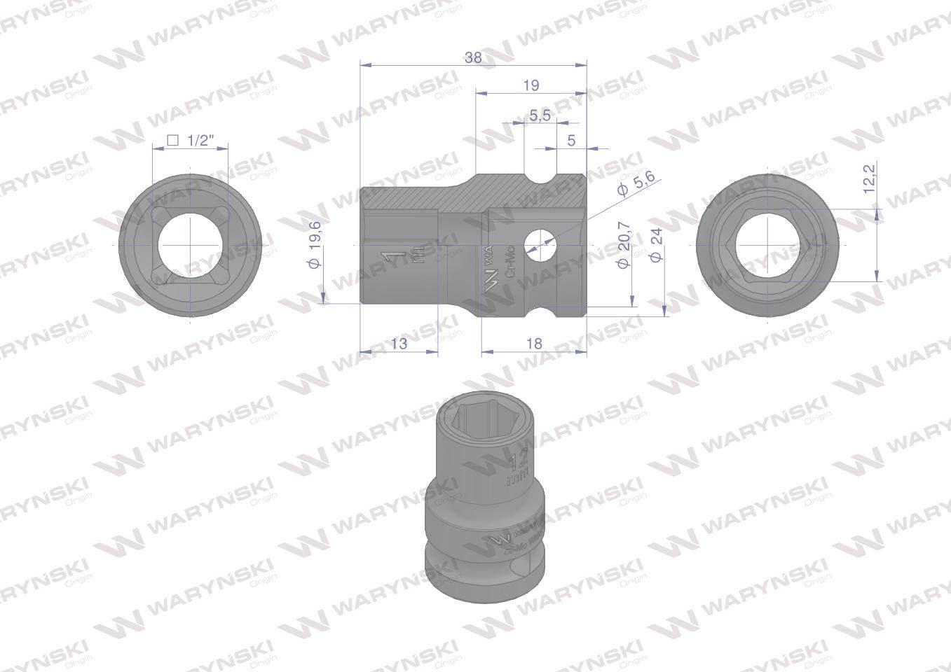 Nasadka udarowa sześciokątna 1/2". 12 mm. CrMo. DIN 3129. Waryński WMU005 - zdjęcie 3