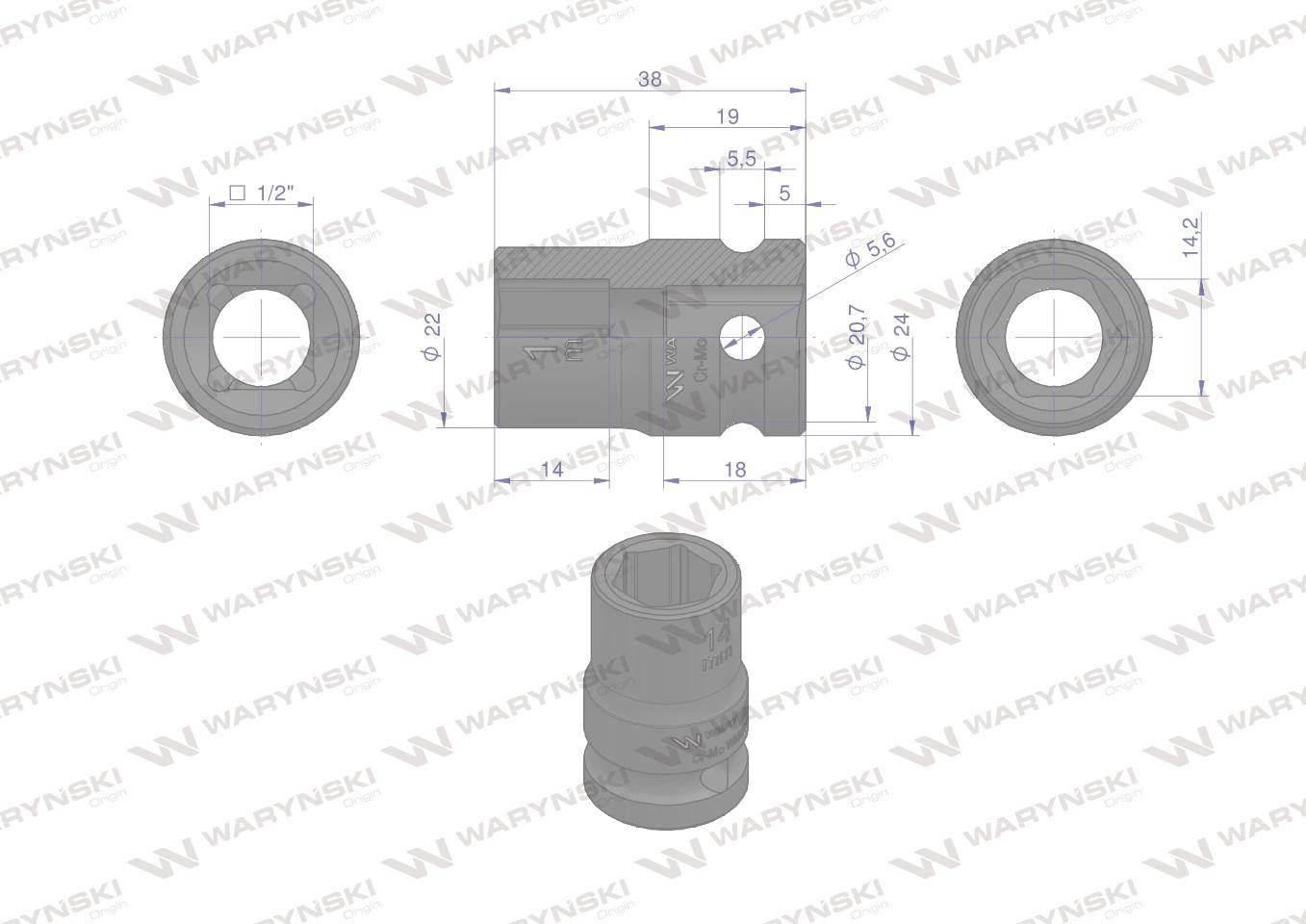 Nasadka udarowa sześciokątna 1/2". 14 mm. CrMo. DIN 3129. Waryński WMU007 - zdjęcie 3