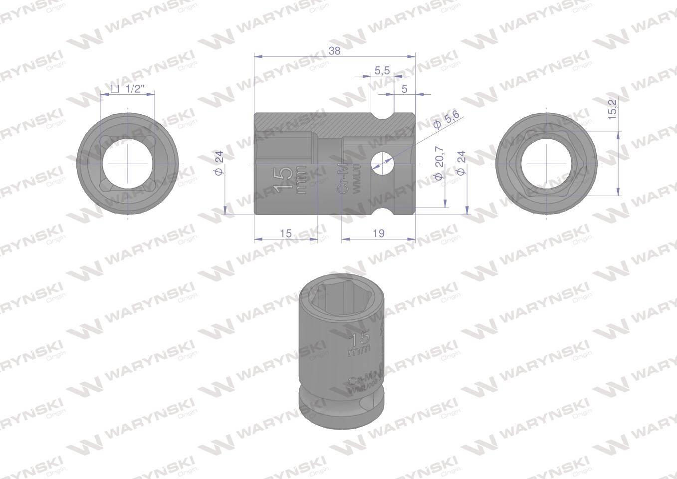 Nasadka udarowa sześciokątna 1/2". 15 mm. CrMo. DIN 3129. Waryński WMU008 - zdjęcie 3