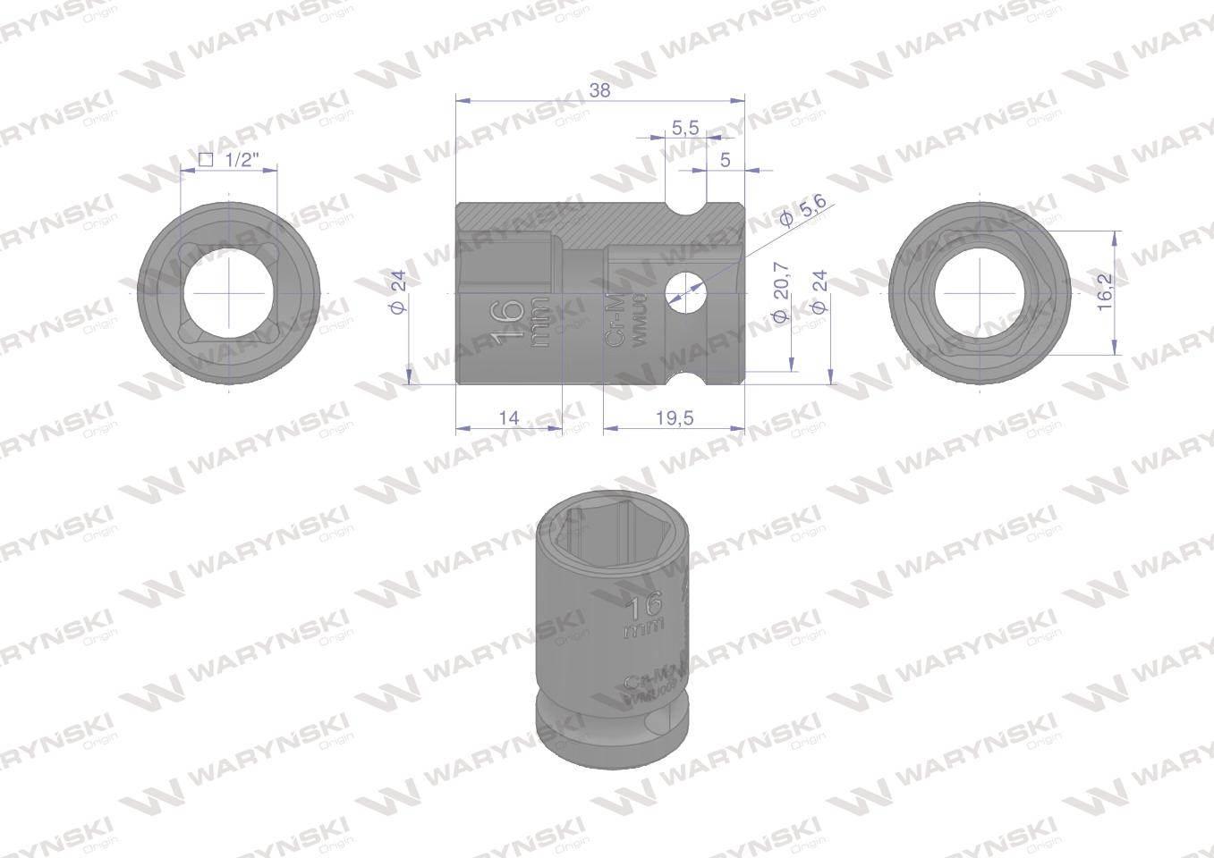 Nasadka udarowa sześciokątna 1/2". 16 mm. CrMo. DIN 3129. Waryński WMU009 - zdjęcie 3