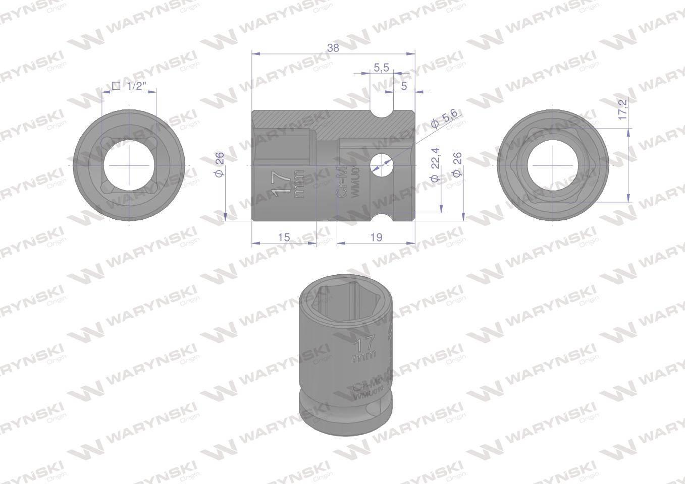 Nasadka udarowa sześciokątna 1/2". 17 mm. CrMo. DIN 3129. Waryński WMU010 - zdjęcie 3