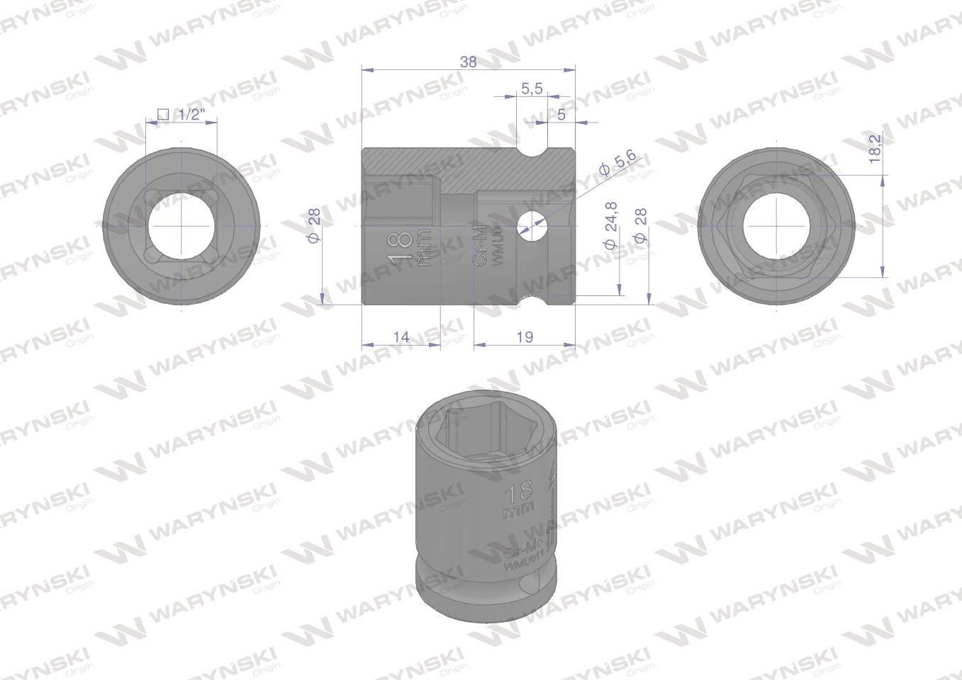 Nasadka udarowa sześciokątna 1/2". 18 mm. CrMo. DIN 3129. Waryński WMU011 - zdjęcie 3