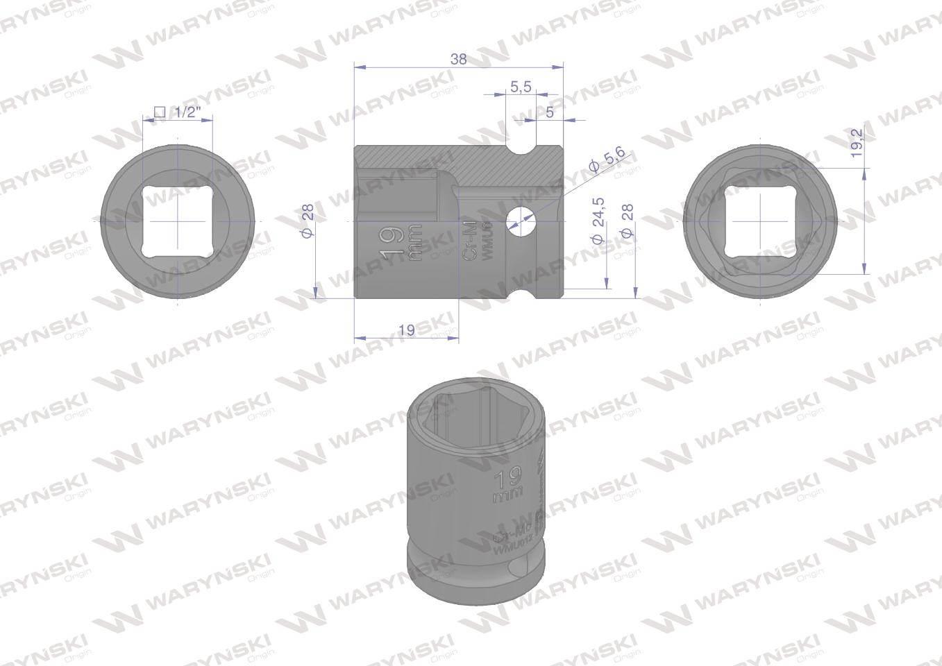 Nasadka udarowa sześciokątna 1/2". 19 mm. CrMo. DIN 3129. Waryński WMU012 - zdjęcie 3