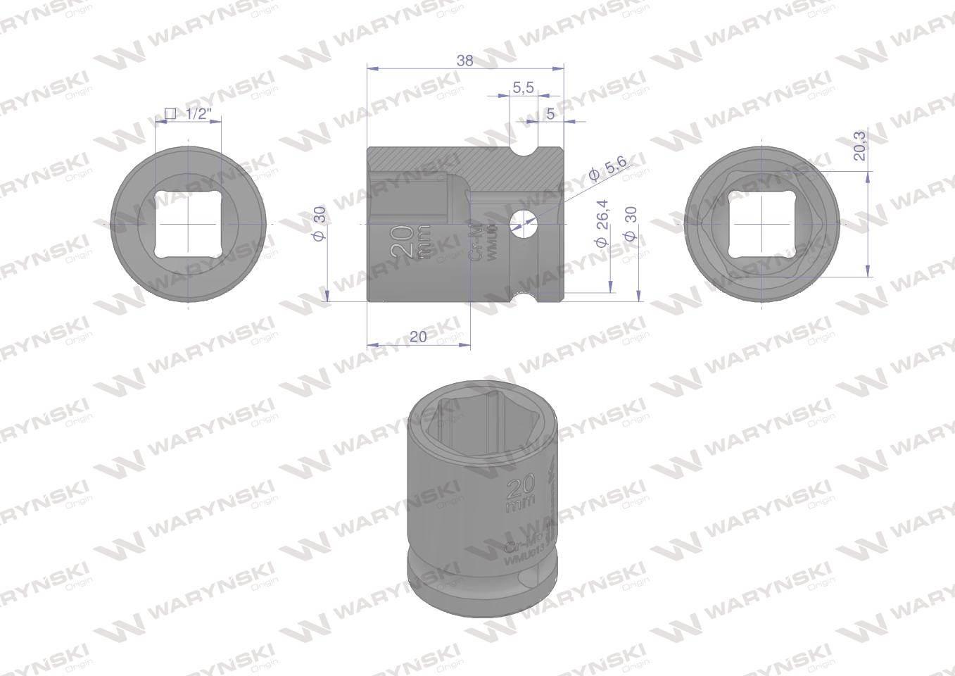 Nasadka udarowa sześciokątna 1/2". 20 mm. CrMo. DIN 3129. Waryński WMU013 - zdjęcie 3