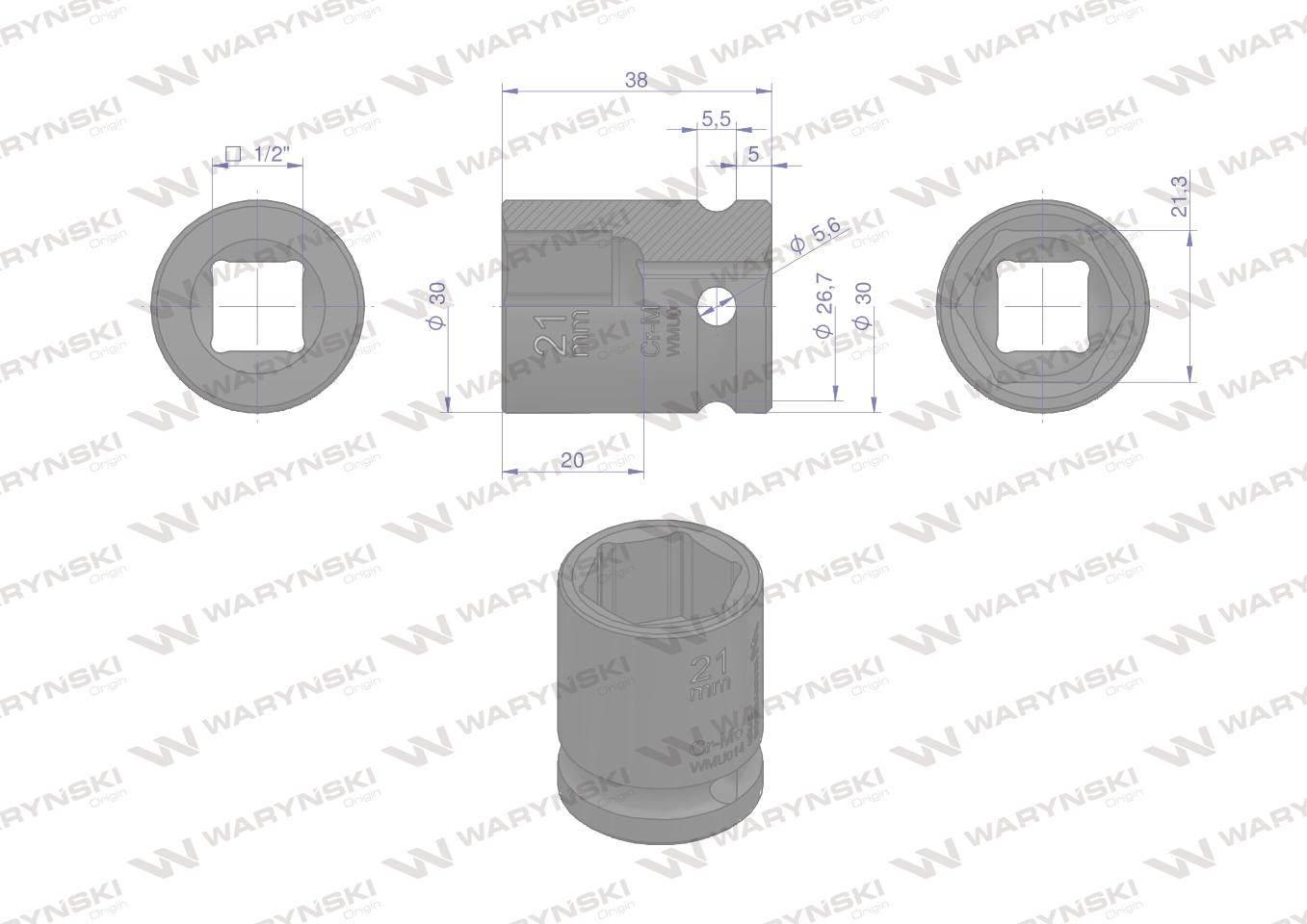 Nasadka udarowa sześciokątna 1/2". 21 mm. CrMo. DIN 3129. Waryński WMU014 - zdjęcie 3