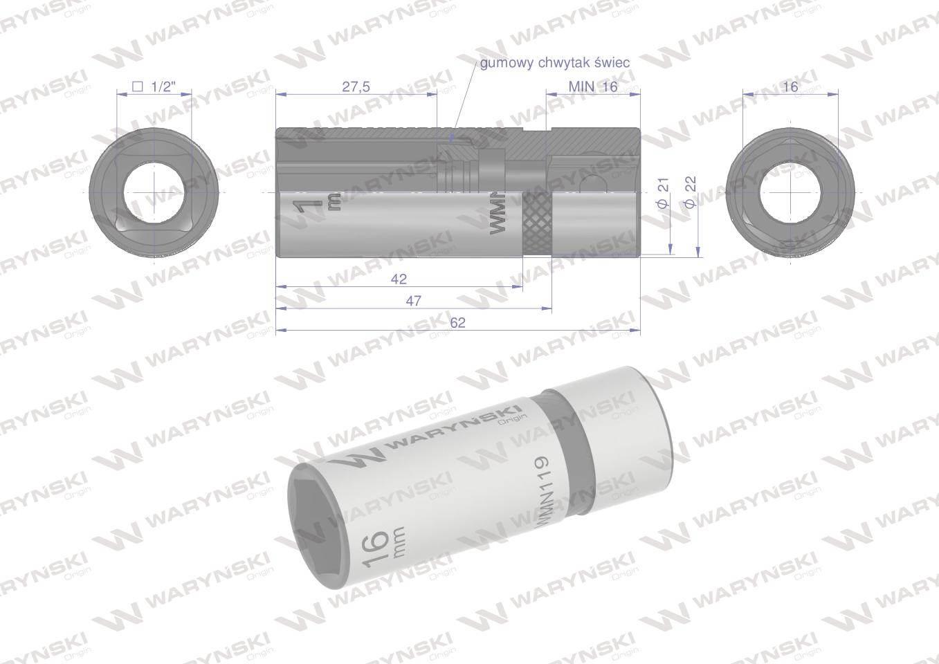 Nasadka do świec 1/2". 16mm, Waryński WMN119 - zdjęcie 2