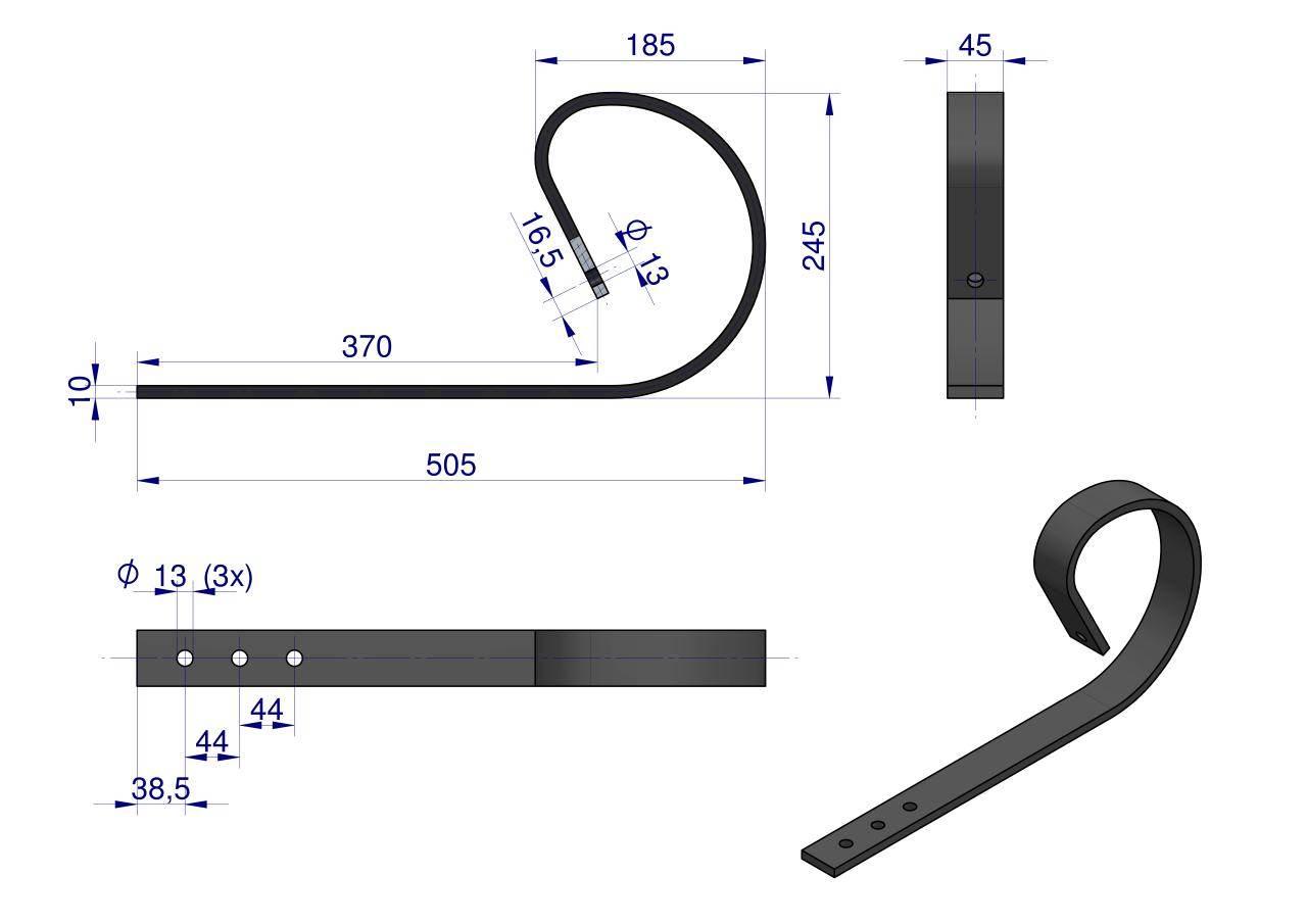 Ząb sprężynowy płaski 3-otworowy 45x10 620mm Tabo RM-21604510620 - zdjęcie 2