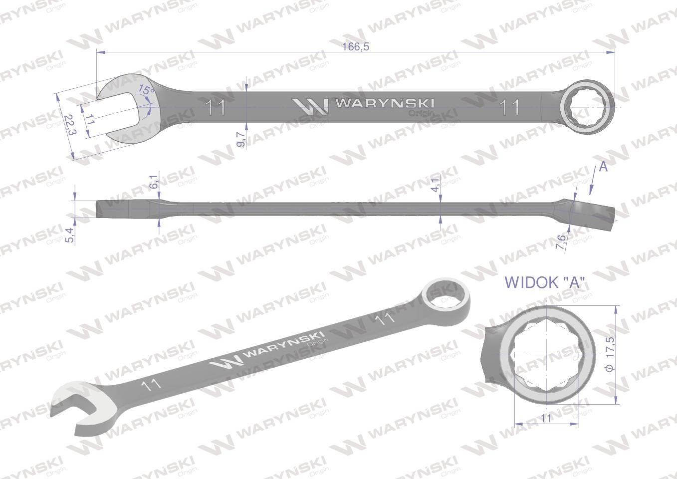 Klucz płasko-oczkowy 11 mm. CrV standard ASME B107-2010 Waryński WMK021 - zdjęcie 3