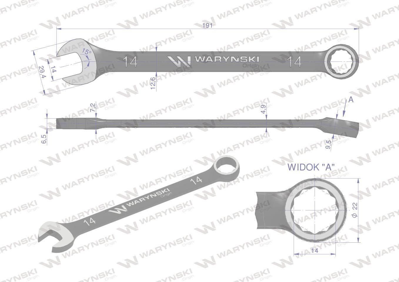 Klucz płasko-oczkowy 14 mm. CrV standard ASME B107-2010 Waryński WMK024 - zdjęcie 3