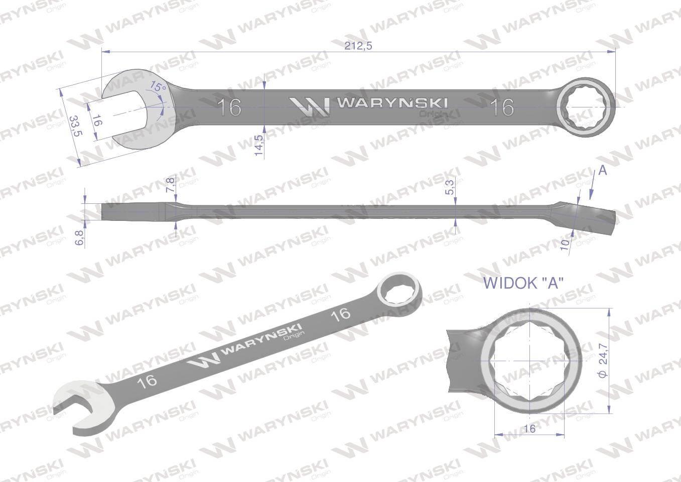Klucz płasko-oczkowy 16 mm. CrV standard ASME B107-2010 Waryński WMK026 - zdjęcie 3