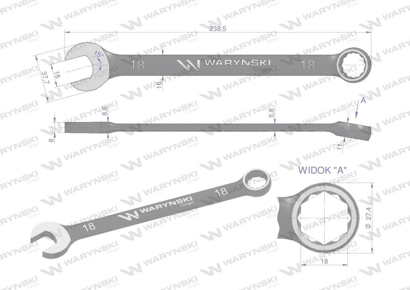 Klucz płasko-oczkowy 18 mm. CrV standard ASME B107-2010 Waryński WMK028 - zdjęcie 3