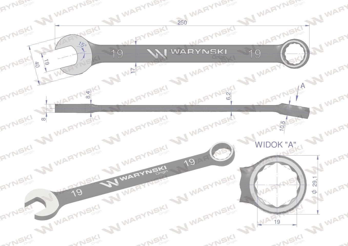 Klucz płasko-oczkowy 19 mm. CrV standard ASME B107-2010 Waryński WMK029 - zdjęcie 2