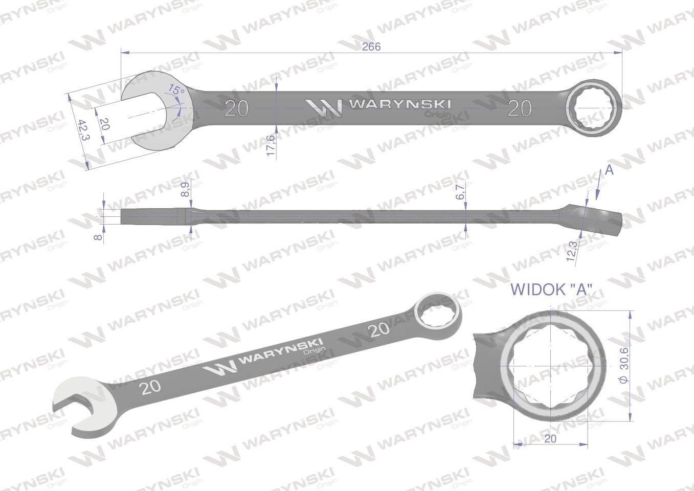 Klucz płasko-oczkowy 20 mm CrV standard ASME B107-2010 Waryński WMK030 - zdjęcie 3