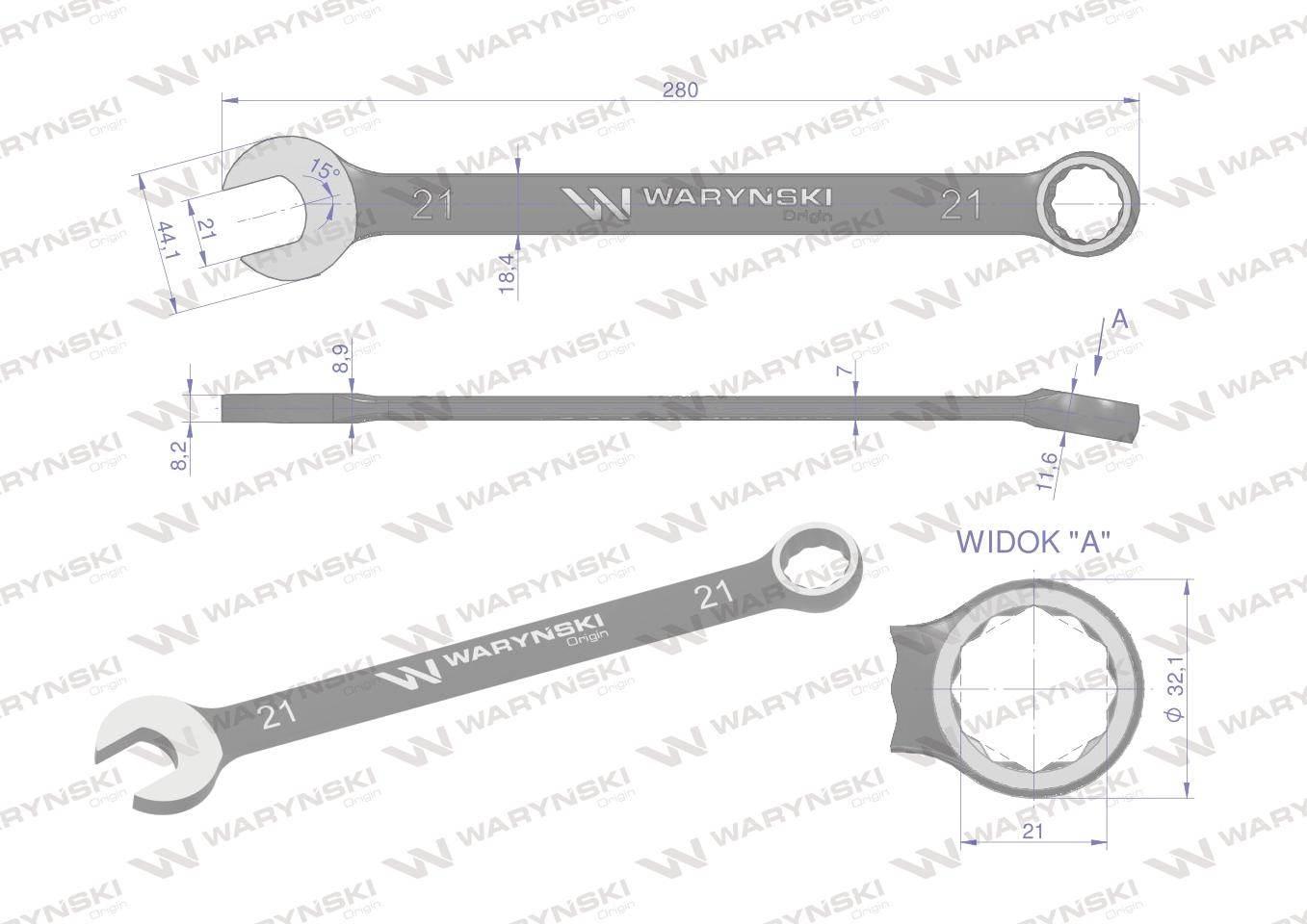 Klucz płasko-oczkowy 21 mm. CrV standard ASME B107-2010 Waryński WMK031 - zdjęcie 3