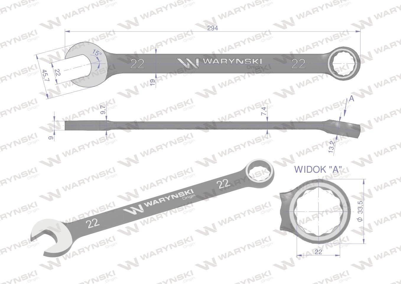 Klucz płasko-oczkowy 22 mm. CrV standard ASME B107-2010 Waryński WMK032 - zdjęcie 3