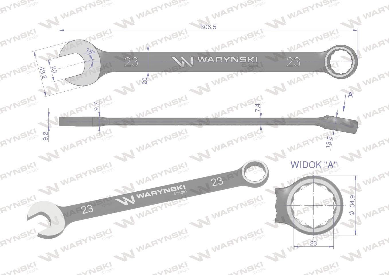 Klucz płasko-oczkowy 23 mm. CrV standard ASME B107-2010 Waryński WMK033 - zdjęcie 3