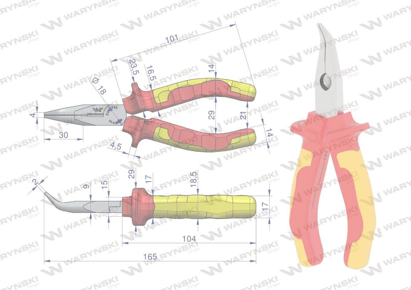 Szczypce izolowane, wydłużone wygięte 160 mm. VDE. Waryński WMP018 - zdjęcie 2