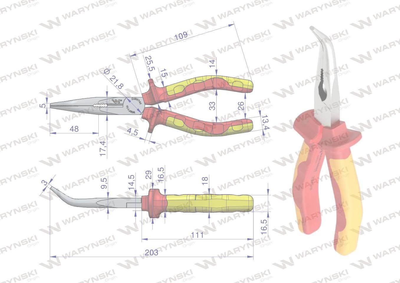 Szczypce izolowane, wydłużone wygięte 200 mm. VDE. Waryński WMP019 - zdjęcie 2