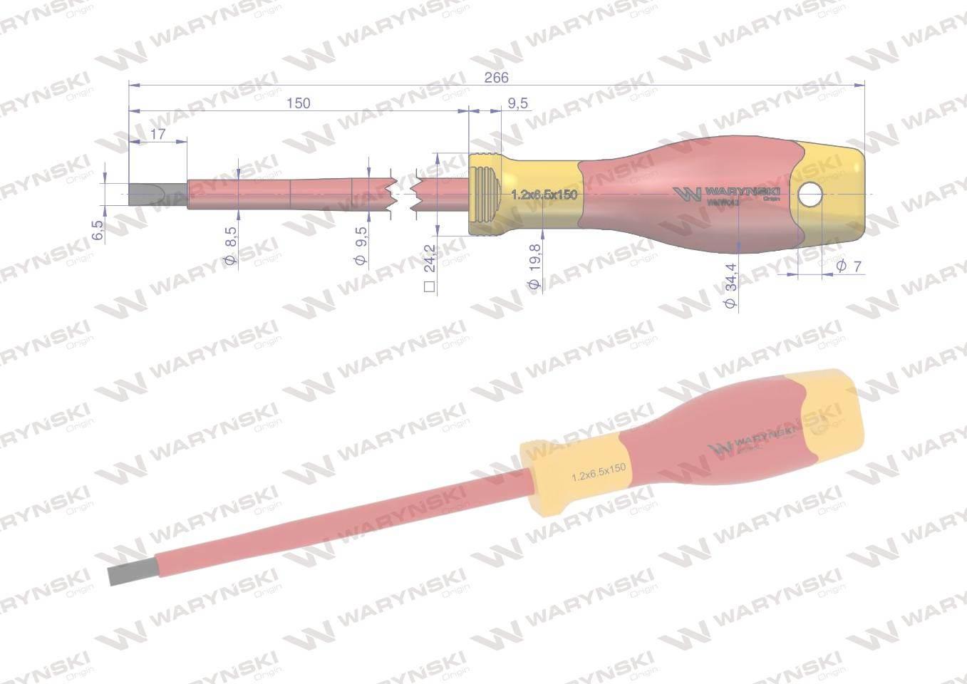 Wkrętak płaski izolowany 6 x 150 mm. VDE, stal S2, Waryński WMW042 - zdjęcie 2