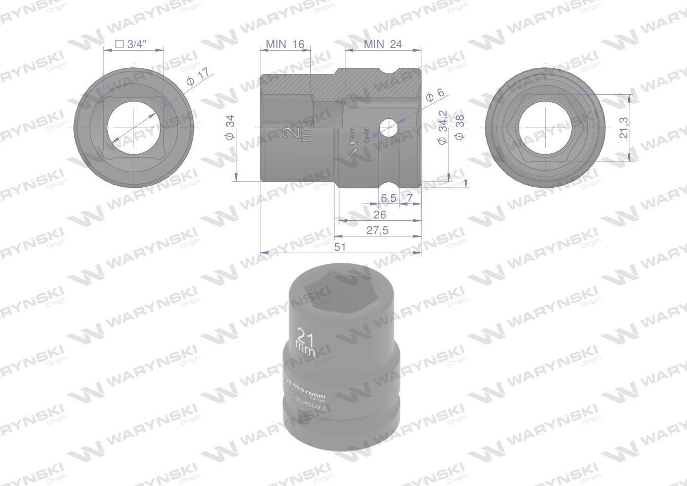 Nasadka udarowa sześciokątna 3/4". 21 mm. CrMo. DIN 3129. Waryński WMU061 - zdjęcie 2