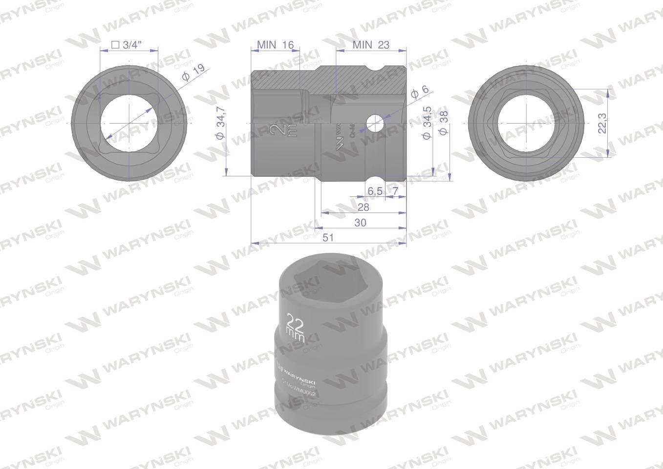 Nasadka udarowa sześciokątna 3/4". 22 mm. CrMo. DIN 3129. Waryński WMU062 - zdjęcie 2