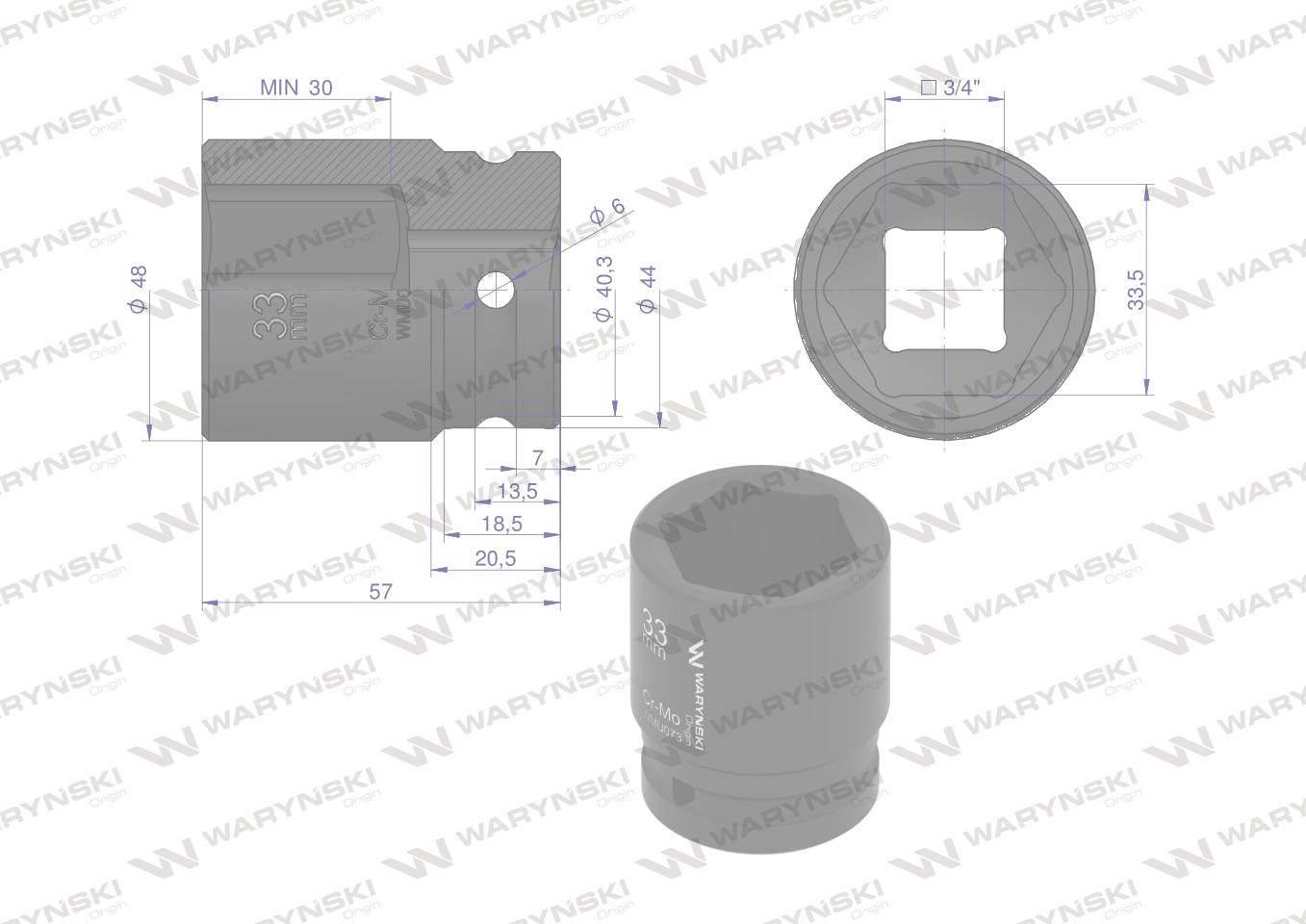 Nasadka udarowa sześciokątna 3/4". 33 mm. CrMo. DIN 3129. Waryński WMU073 - zdjęcie 2