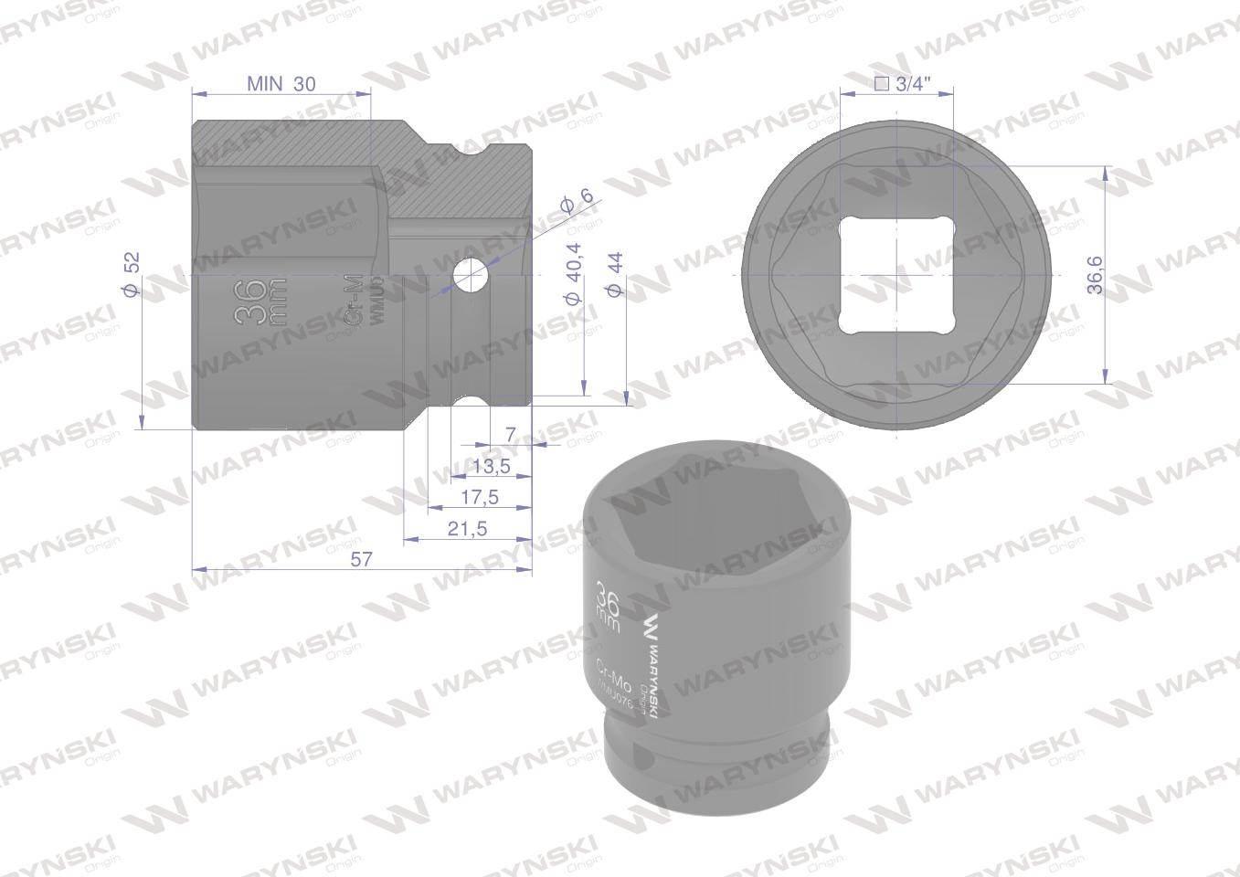 Nasadka udarowa sześciokątna 3/4". 36 mm. CrMo. DIN 3129. Waryński WMU076 - zdjęcie 2