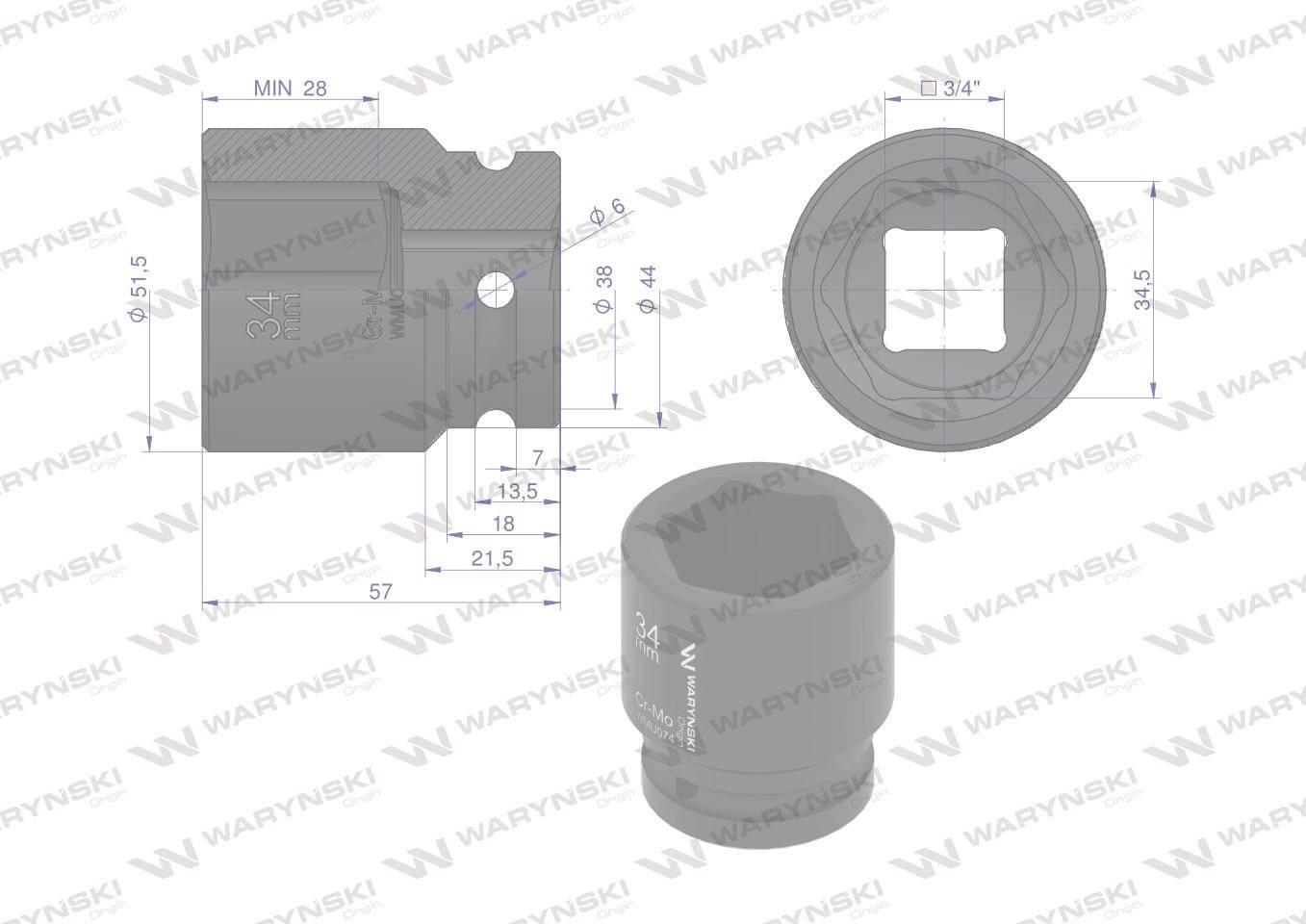 Nasadka udarowa sześciokątna 3/4". 34 mm. CrMo. DIN 3129. Waryński WMU074 - zdjęcie 2