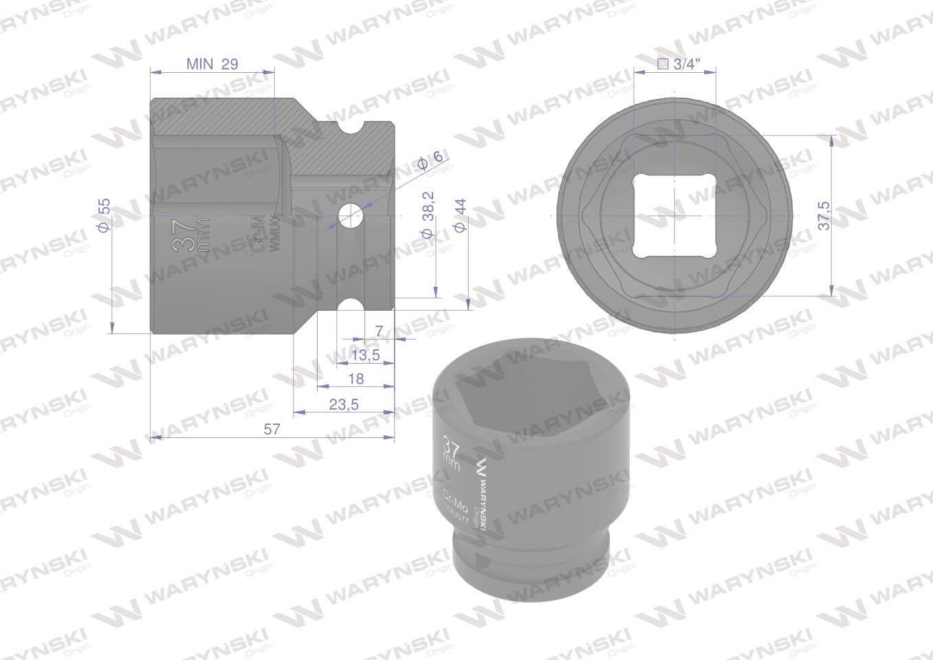 Nasadka udarowa sześciokątna 3/4". 37 mm. CrMo. DIN 3129. Waryński WMU077 - zdjęcie 2