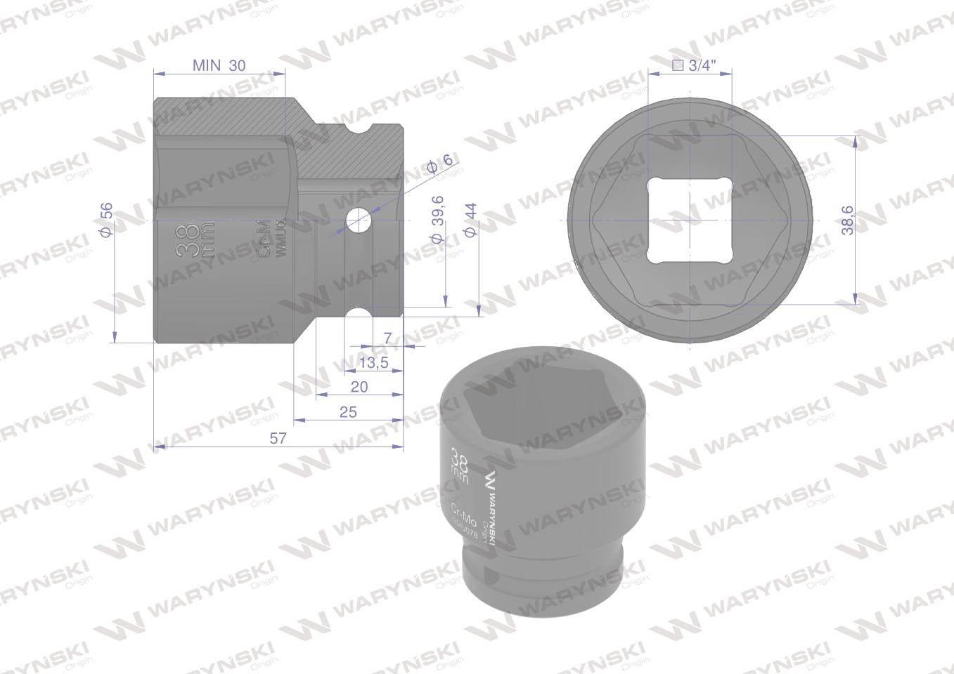 Nasadka udarowa sześciokątna 3/4". 38 mm. CrMo. DIN 3129. Waryński WMU078 - zdjęcie 2