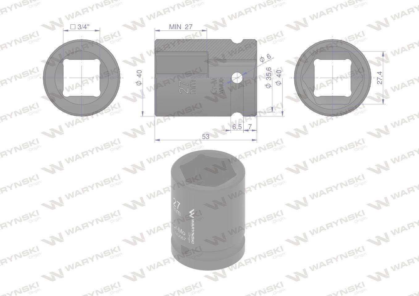 Nasadka udarowa sześciokątna 3/4". 27 mm. CrMo. DIN 3129. Waryński WMU067 - zdjęcie 2