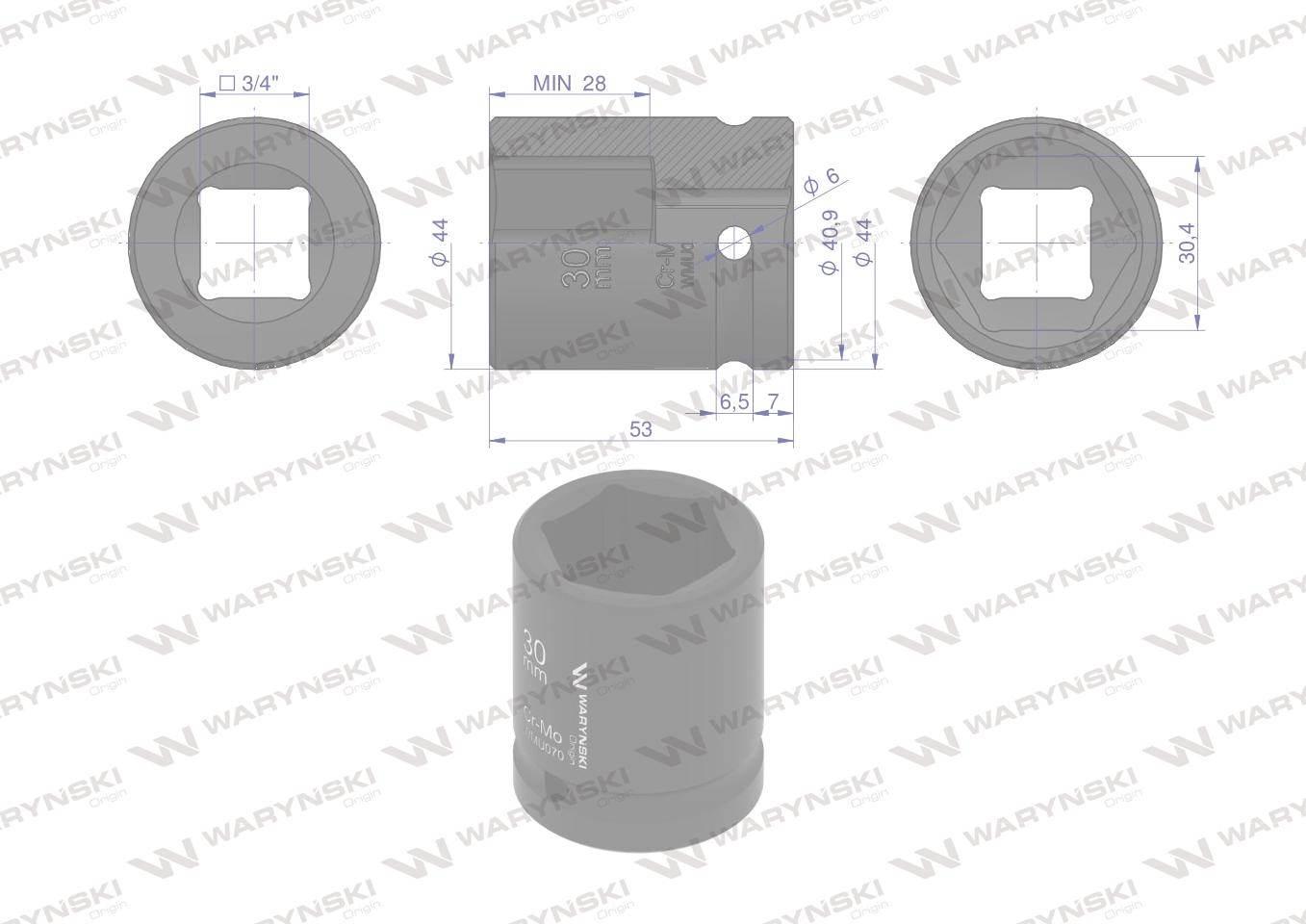 Nasadka udarowa sześciokątna 3/4". 30 mm. CrMo. DIN 3129. Waryński WMU070 - zdjęcie 2