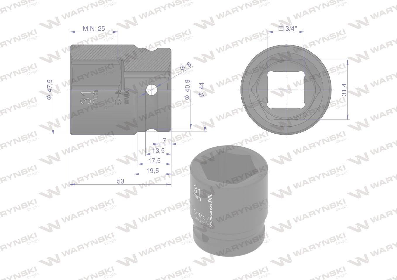 Nasadka udarowa sześciokątna 3/4". 31 mm. CrMo. DIN 3129. Waryński WMU071 - zdjęcie 2