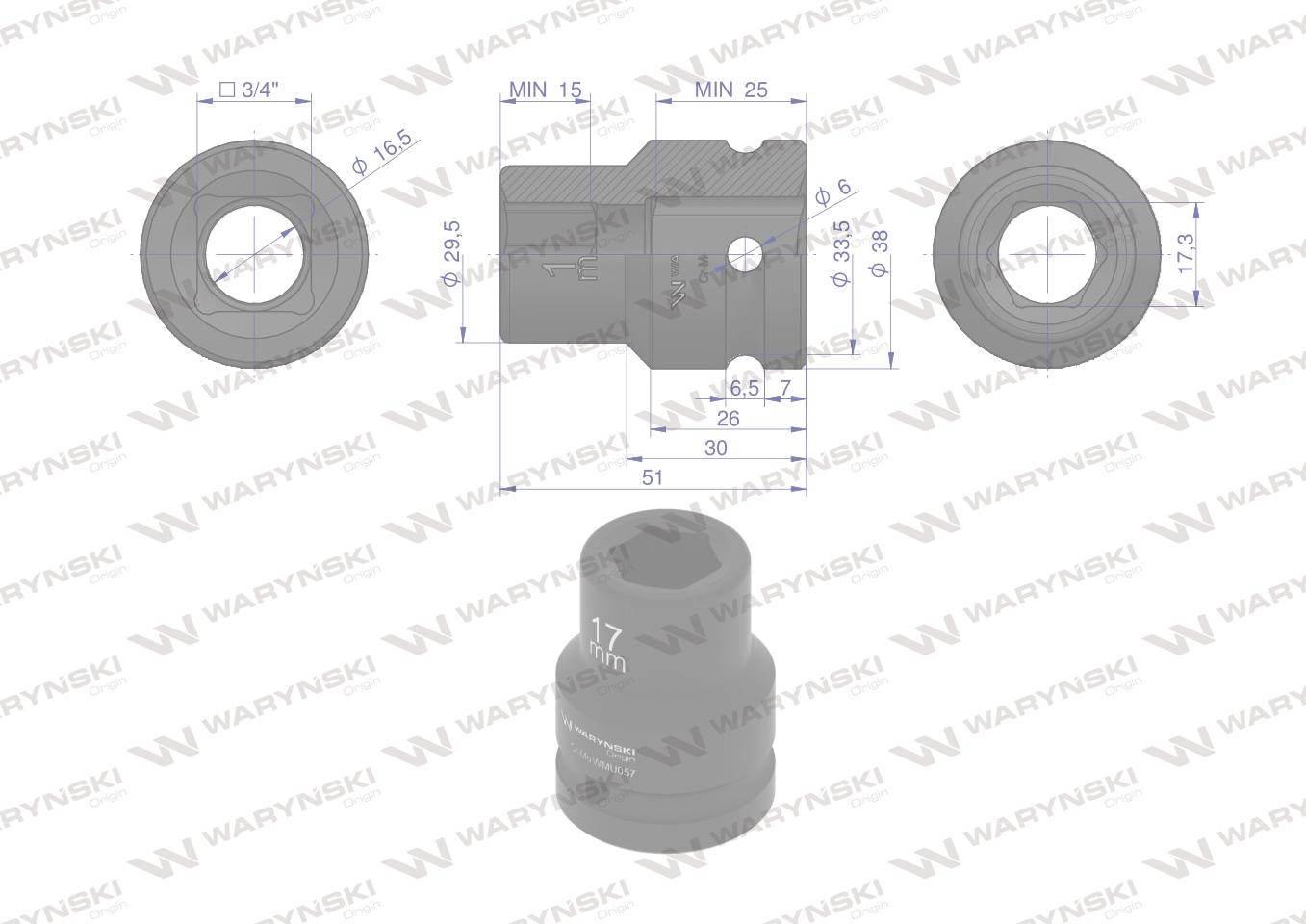 Nasadka udarowa sześciokątna 3/4". 17 mm. CrMo. DIN 3129. Waryński WMU057 - zdjęcie 2