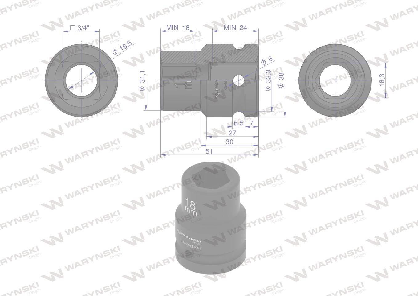Nasadka udarowa sześciokątna 3/4". 18 mm. CrMo. DIN 3129. Waryński WMU058 - zdjęcie 2