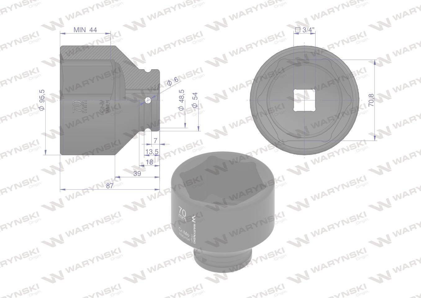 Nasadka udarowa sześciokątna 3/4". 70 mm. CrMo. DIN 3129. Waryński WMU104 - zdjęcie 2