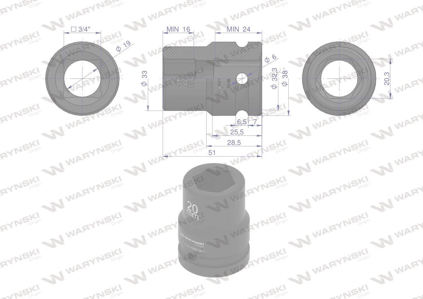 Nasadka udarowa sześciokątna 3/4". 20 mm. CrMo. DIN 3129. Waryński WMU060 - zdjęcie 2