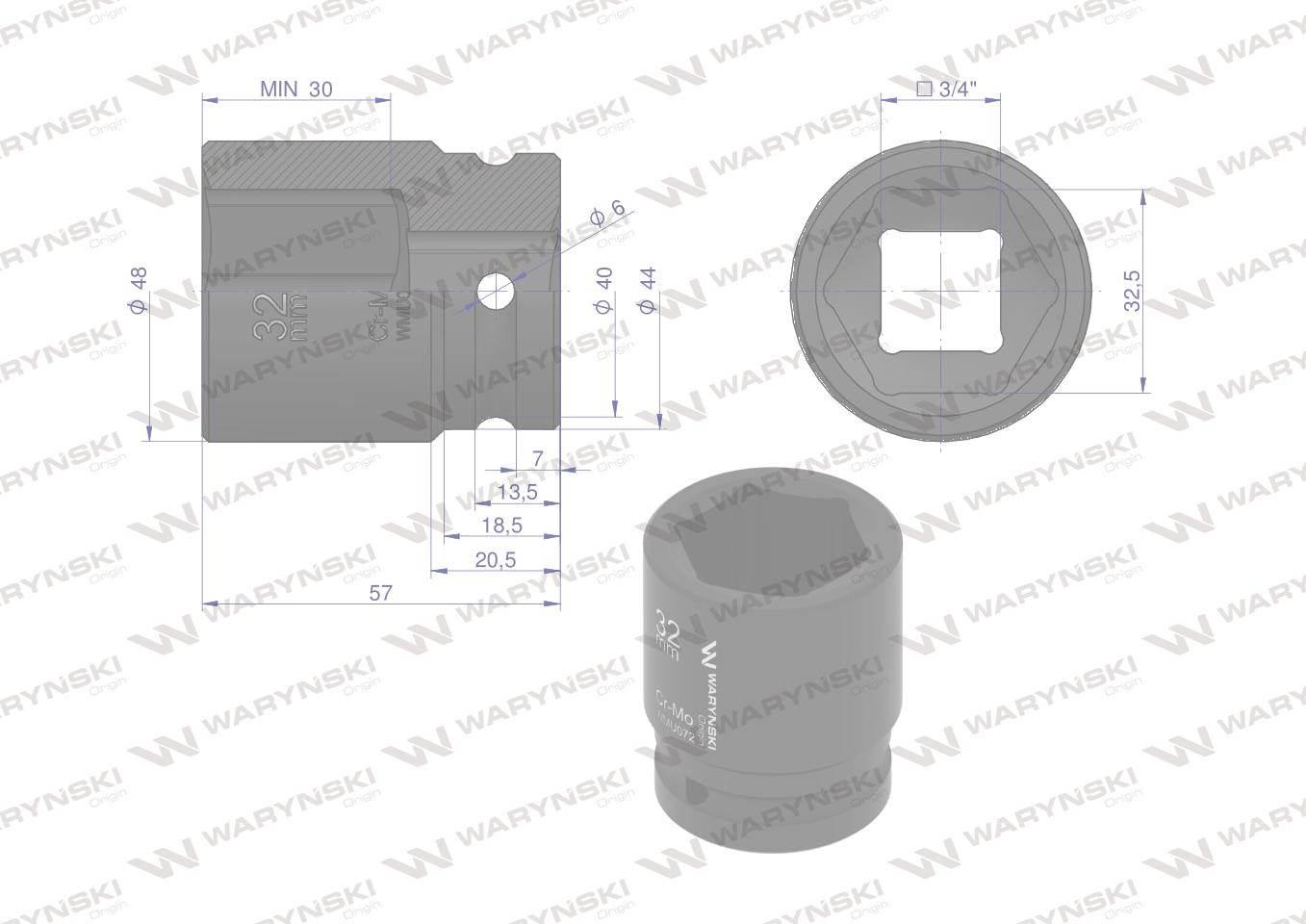 Nasadka udarowa sześciokątna 3/4". 32 mm. CrMo. DIN 3129. Waryński WMU072 - zdjęcie 2