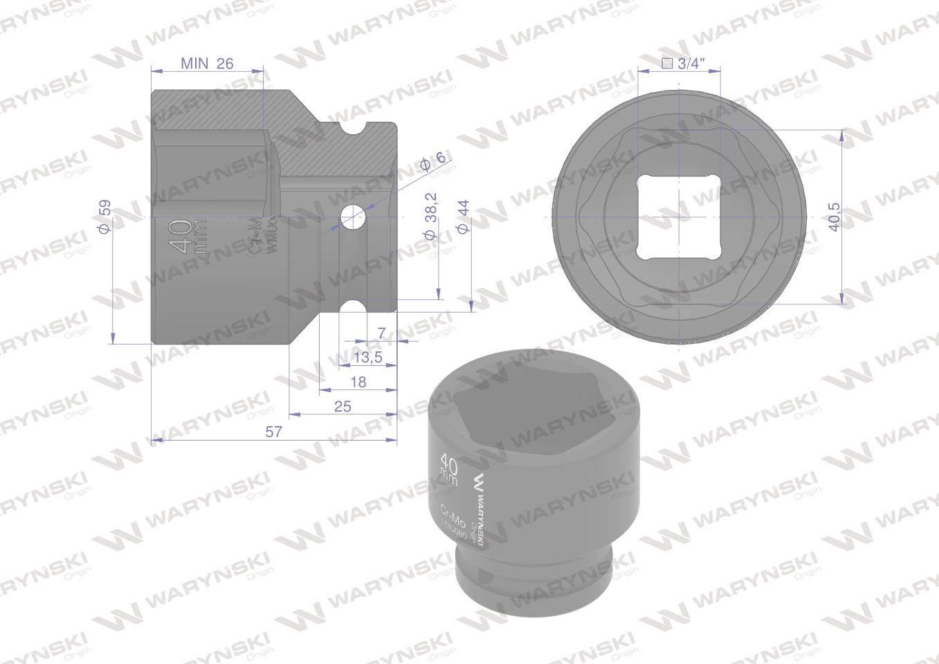 Nasadka udarowa sześciokątna 3/4". 40 mm. CrMo. DIN 3129. Waryński WMU080 - zdjęcie 2